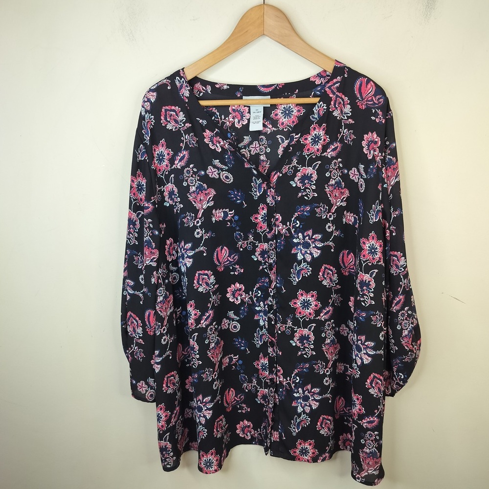 Catherines Floral Blouse 3X Floral Roll Tab Sleeve Black Pink Top